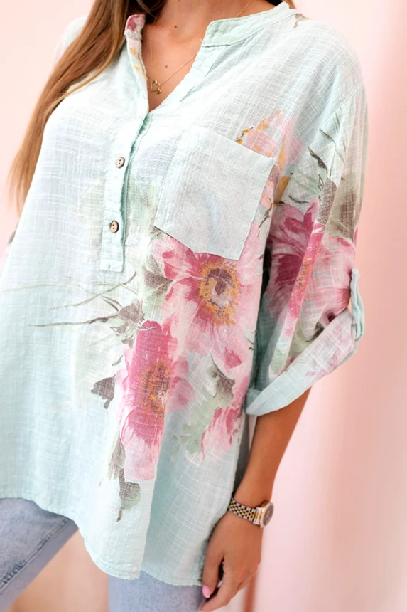 Damenbluse aus Baumwolle mit Blumenmuster und Knöpfen Minze