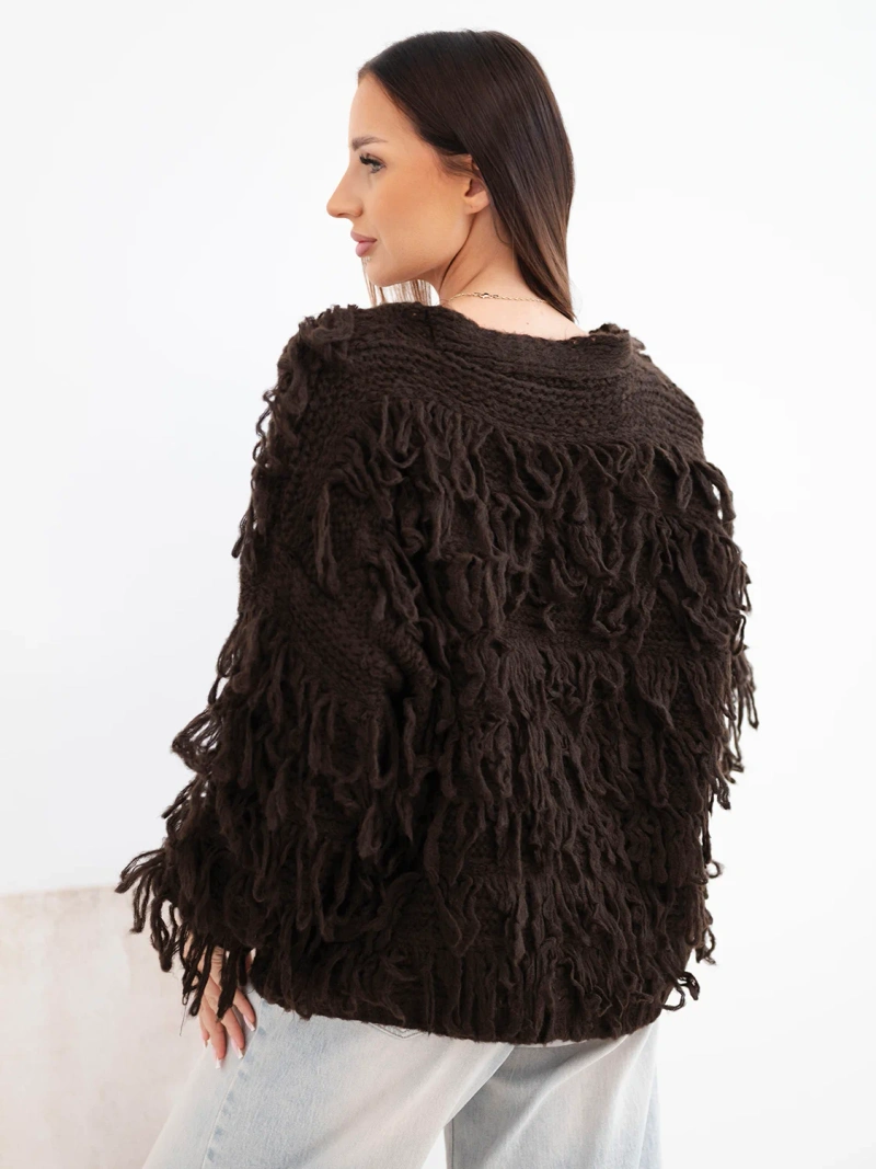 Women's sweater with fringes and decorative buttons brown
