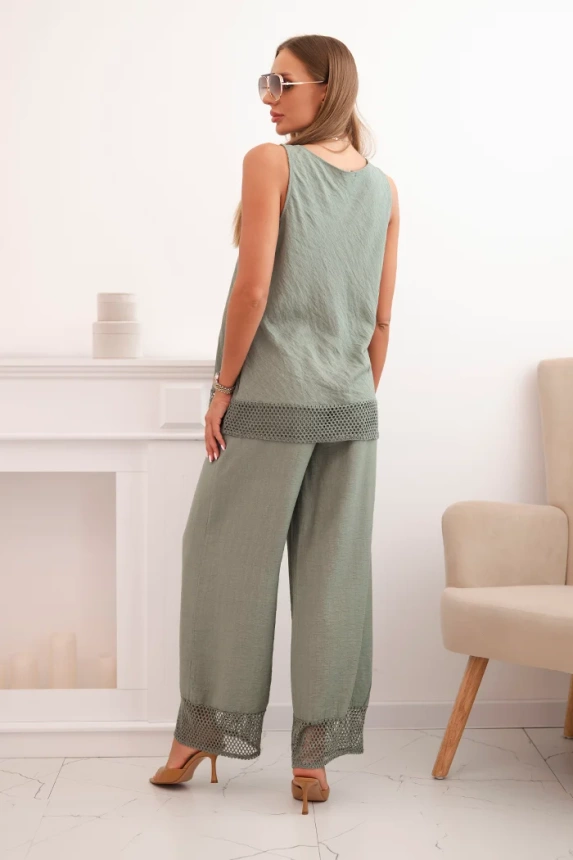 Damenensemble aus Viskose, Top mit breiten Trägern und Hose mit weitem Bein khaki