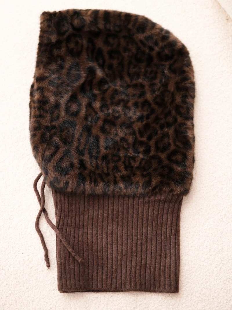 Women's hat with fur hood in leopard print with tie brown