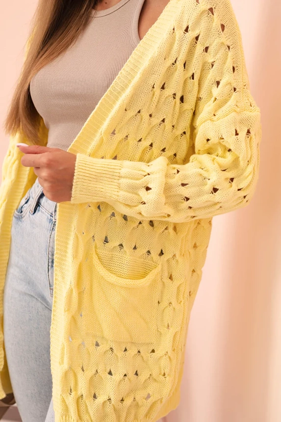 Dámský cardigan s kapsami a síťovinou žlutý