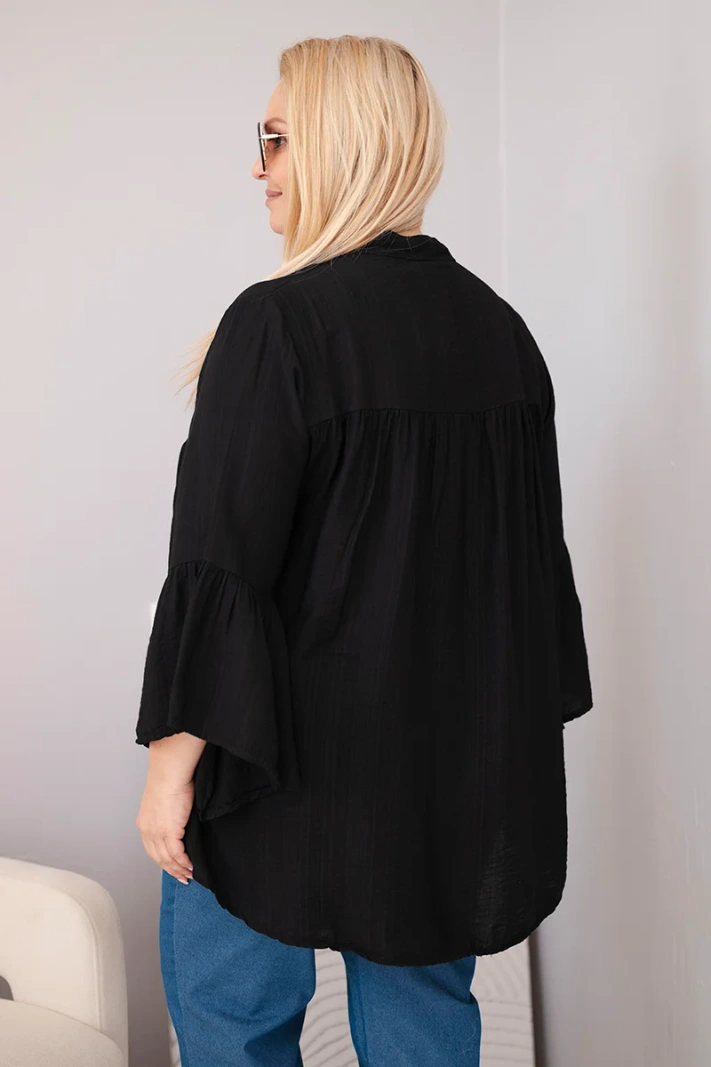 Dámská viskózová halenka Plus Size s volánovým rukávem a výstřihem do V černá