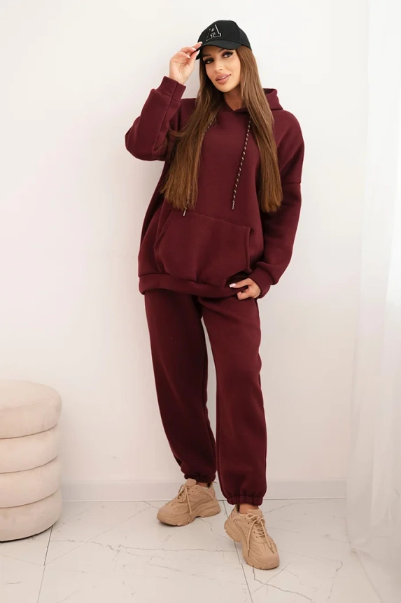 Women's warm cotton tracksuit with a hood burgundy
