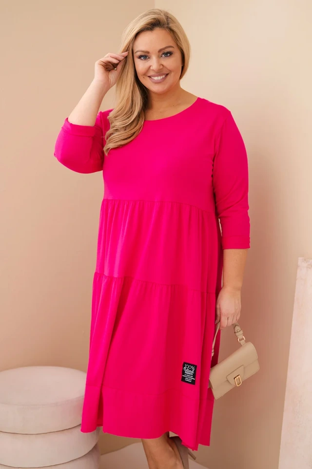 Plus Size women's cotton dress with ruffles and rolled-up sleeves fuchsia