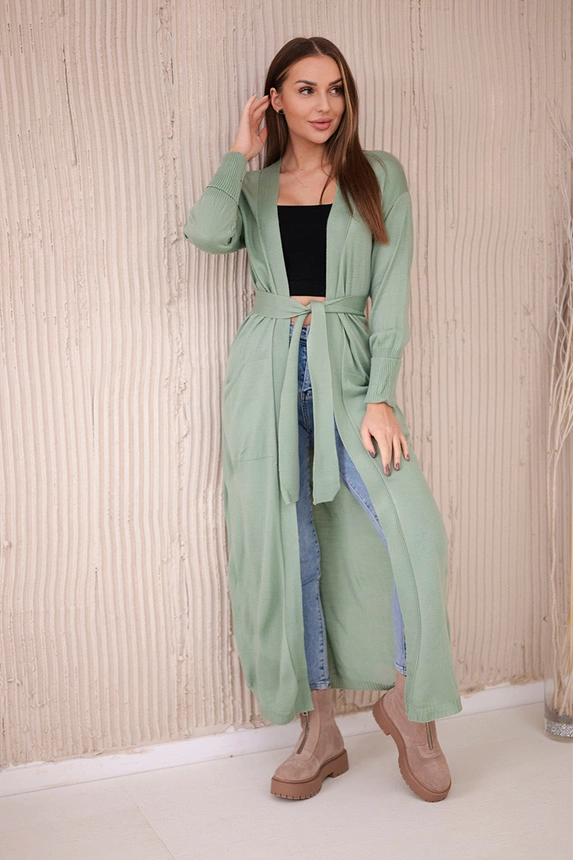 Long cardigan sweater tied at the waist dark mint