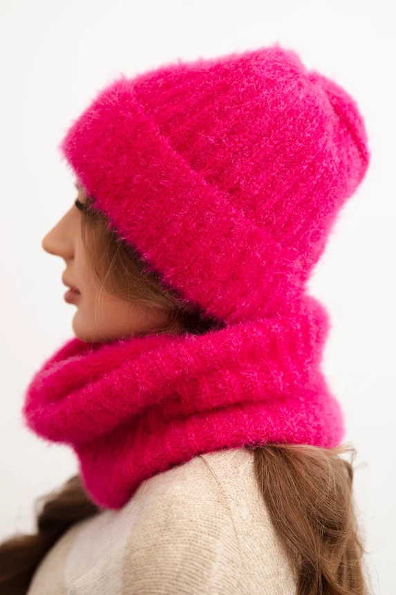 Women's set hat and winter fluffy cowl with decorative emblem fuchsia