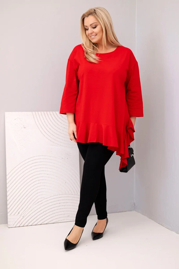 Plus Size women's blouse with cotton, ruffled and rolled-up sleeves red