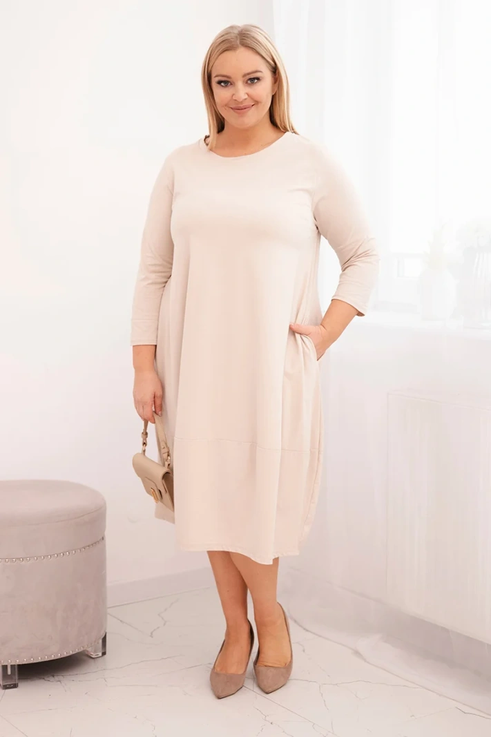 Damen Baumwollkleid Plus Size mit umschlagbaren Ärmeln und Taschen beige