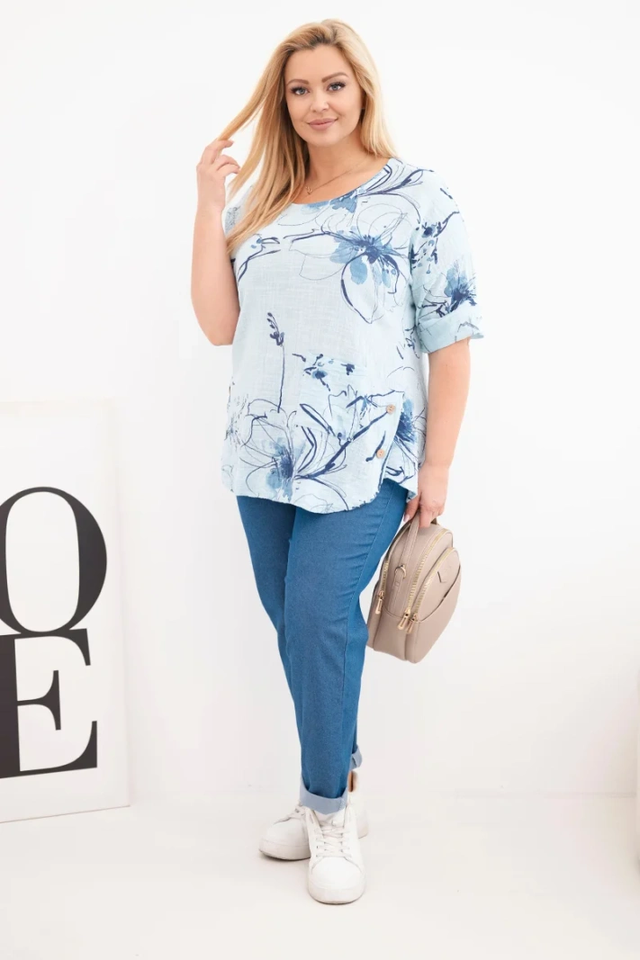 Damen-Baumwollbluse Plus-Size mit kurzem Ärmel und Tasche blau