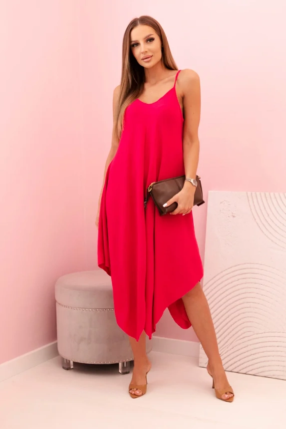 Women's flared dress with spaghetti straps and an asymmetrical hem fuchsia