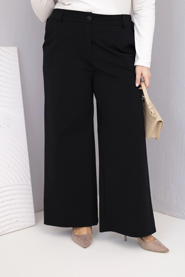 Dámské kalhoty Plus Size s širokou nohavicí a vysokým pasem černé