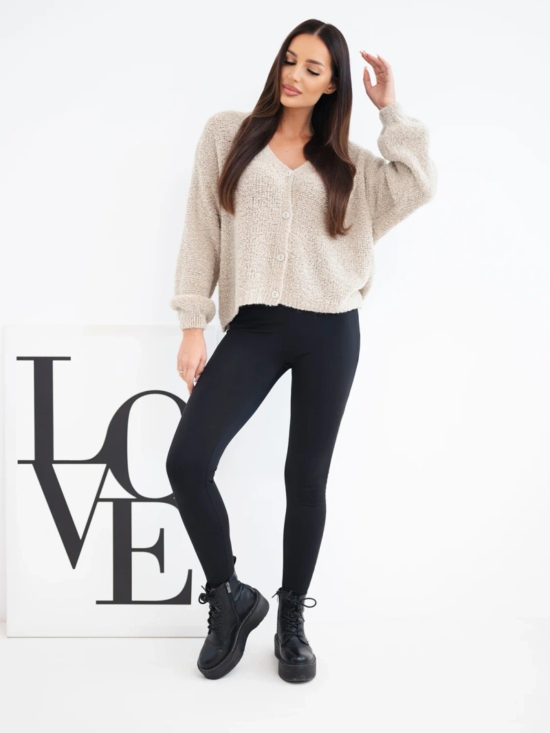 Women's sweater with wool buttoned with V-neck dark beige