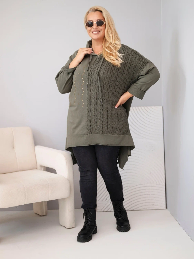 Dámská bavlněná mikina Plus Size s kapucí a pleteným panelem khaki