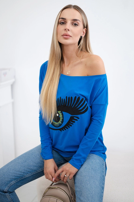 Halenka s potiskem a delšími zády, chrpově modrá
