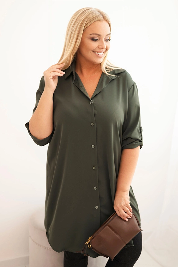 Sukienka damska koszulowa Plus Size z dłuższym tyłem i podwijanym rękawem khaki