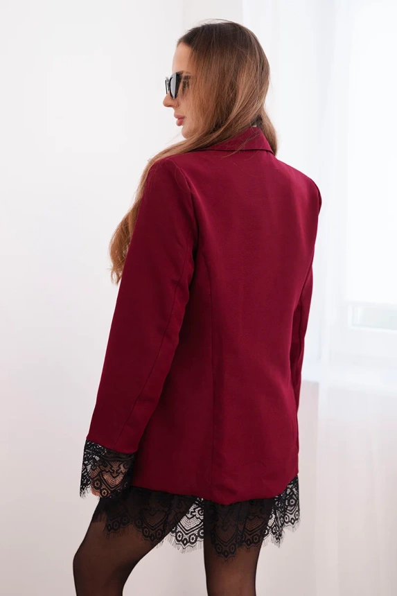 Women's blazer with lace at the bottom and cuffs burgundy