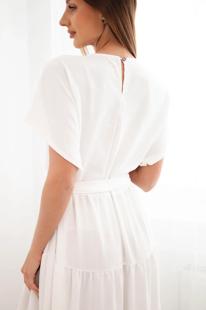 Women's viscose dress with a belt and ruffle on short sleeves white