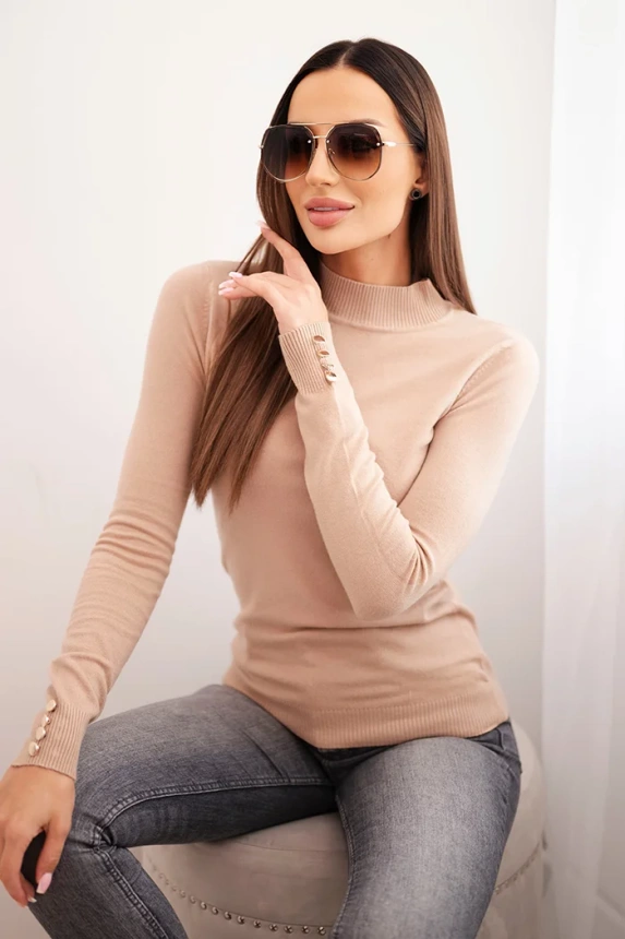 Women's viscose sweater with a collar and decorative buttons on the sleeves camel