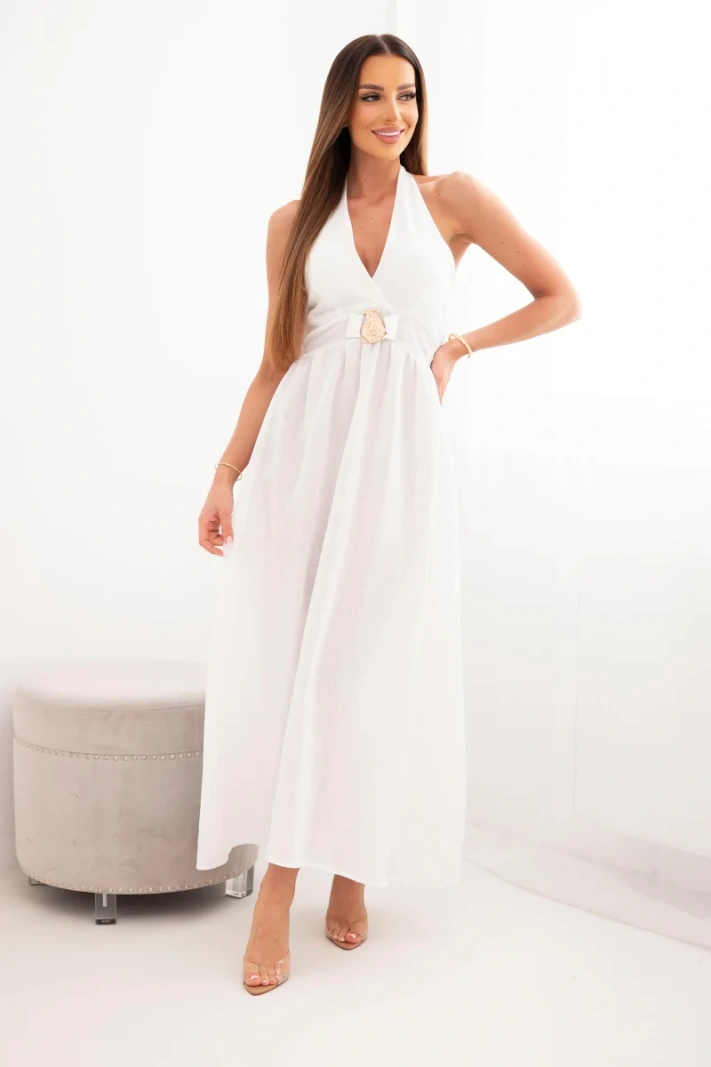 Women's viscose maxi dress tied at the neck with a decorative buckle ecru