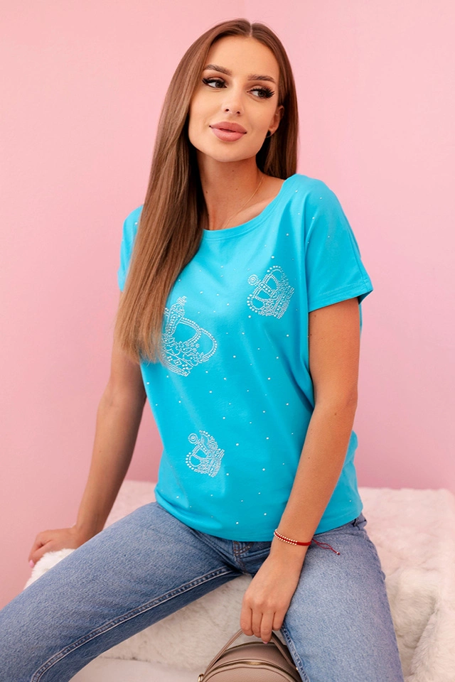 Bluzka damska z krótkim rękawem i cyrkoniami turkusowa