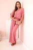 Women's viscose set with decorative flower and wide trousers - dark pink