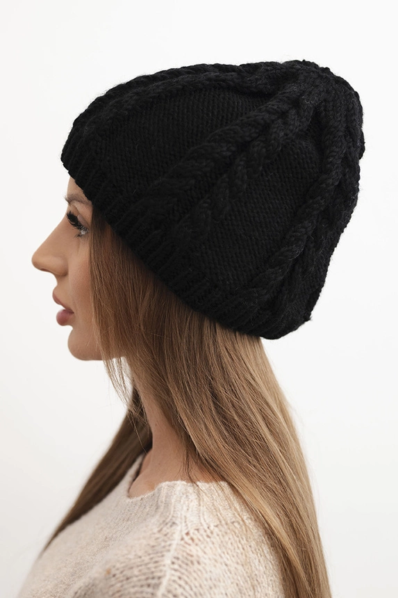 Women's winter wool hat with cable knit pattern K452 black