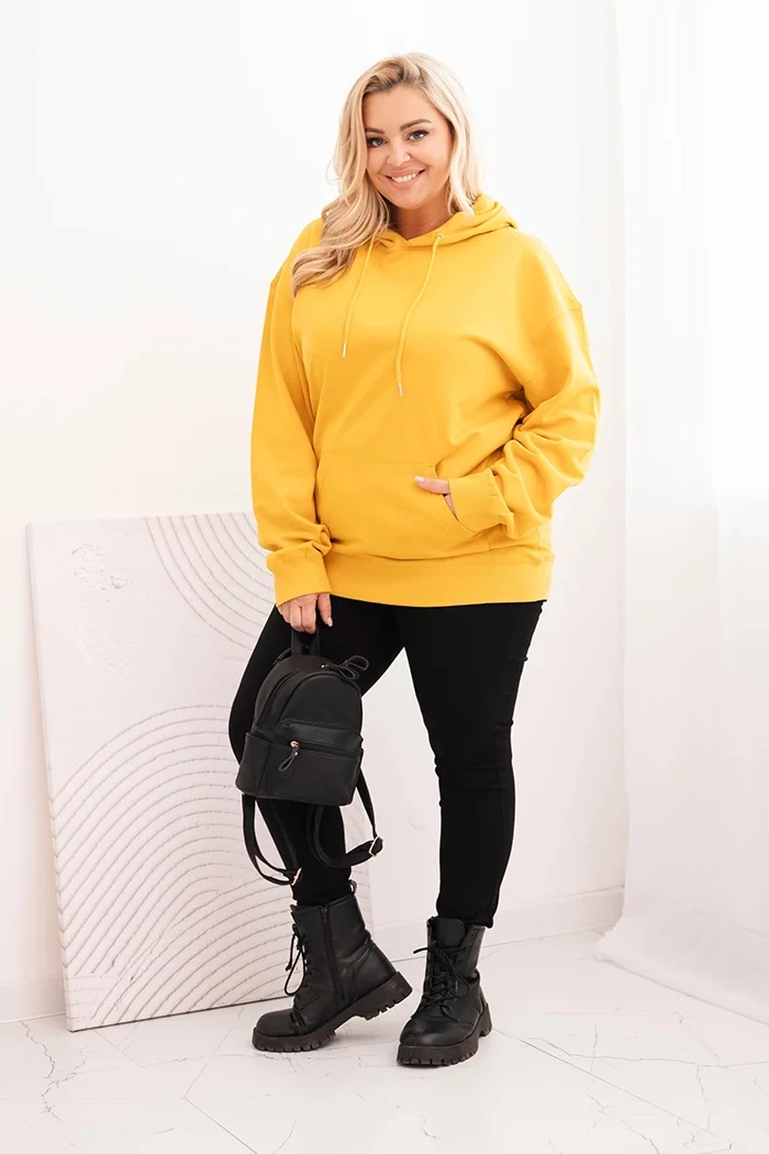 Moteriška džemperis Plus Size medvilninis su gobtuvu ir kengūros kišene garstyčių