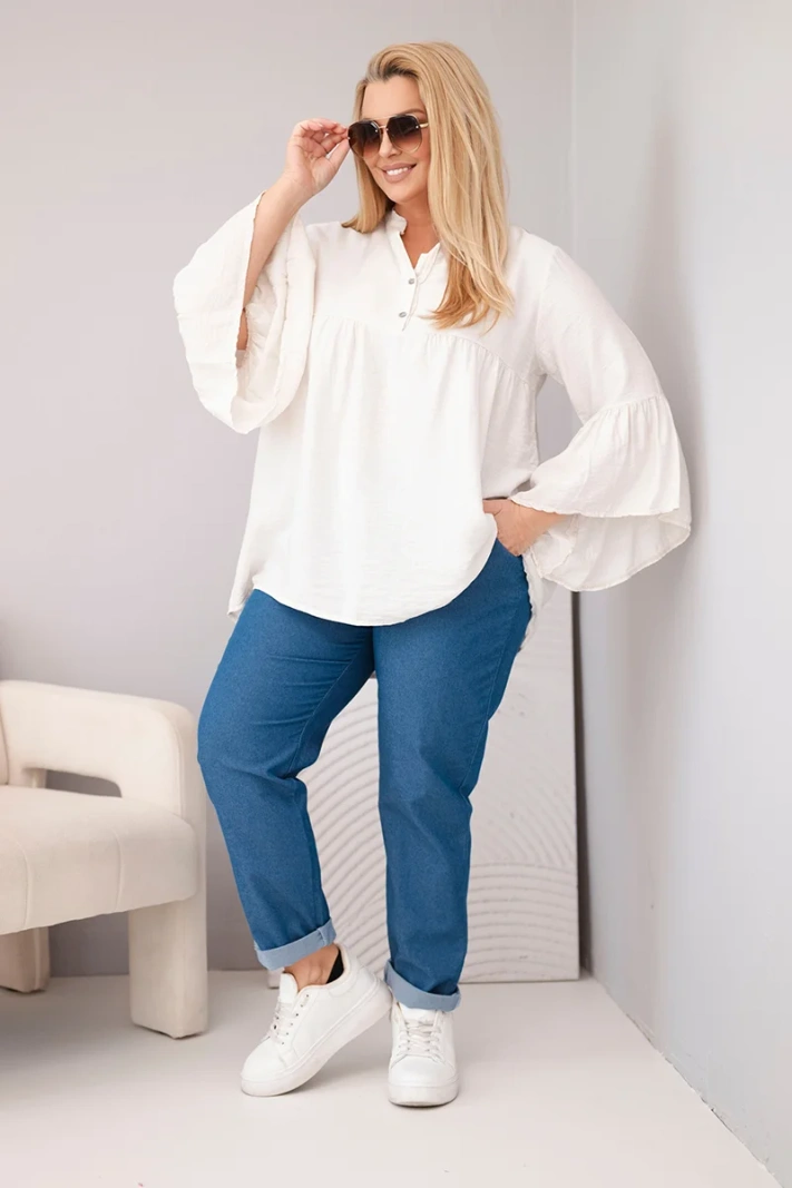 Women's Plus Size viscose blouse with ruffled sleeve and V-neck beige
