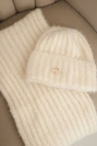 Women's set hat and long scarf made of soft yarn ecru