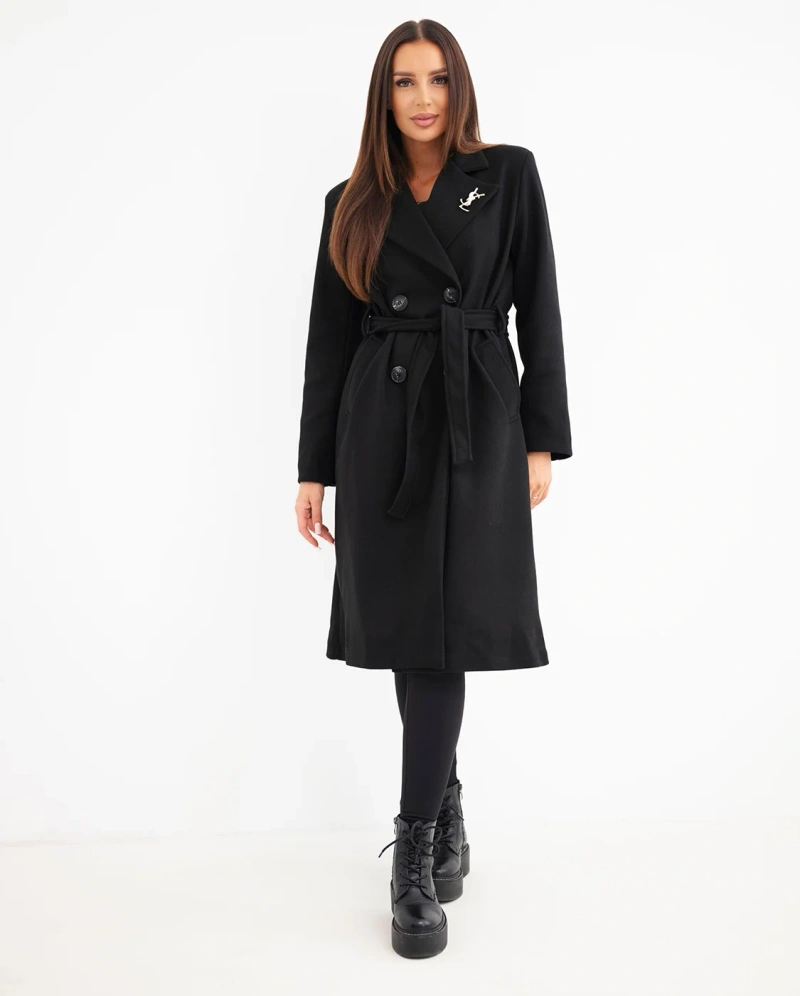 A coat women's with belt and collar double-breasted black