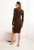 Women's ribbed dress with a turtleneck and decorative buttons brown