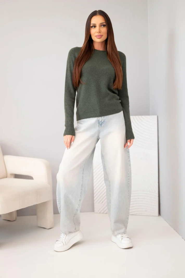 Damenpullover aus Babyalpaka mit langen Ärmeln und rundem Ausschnitt khaki