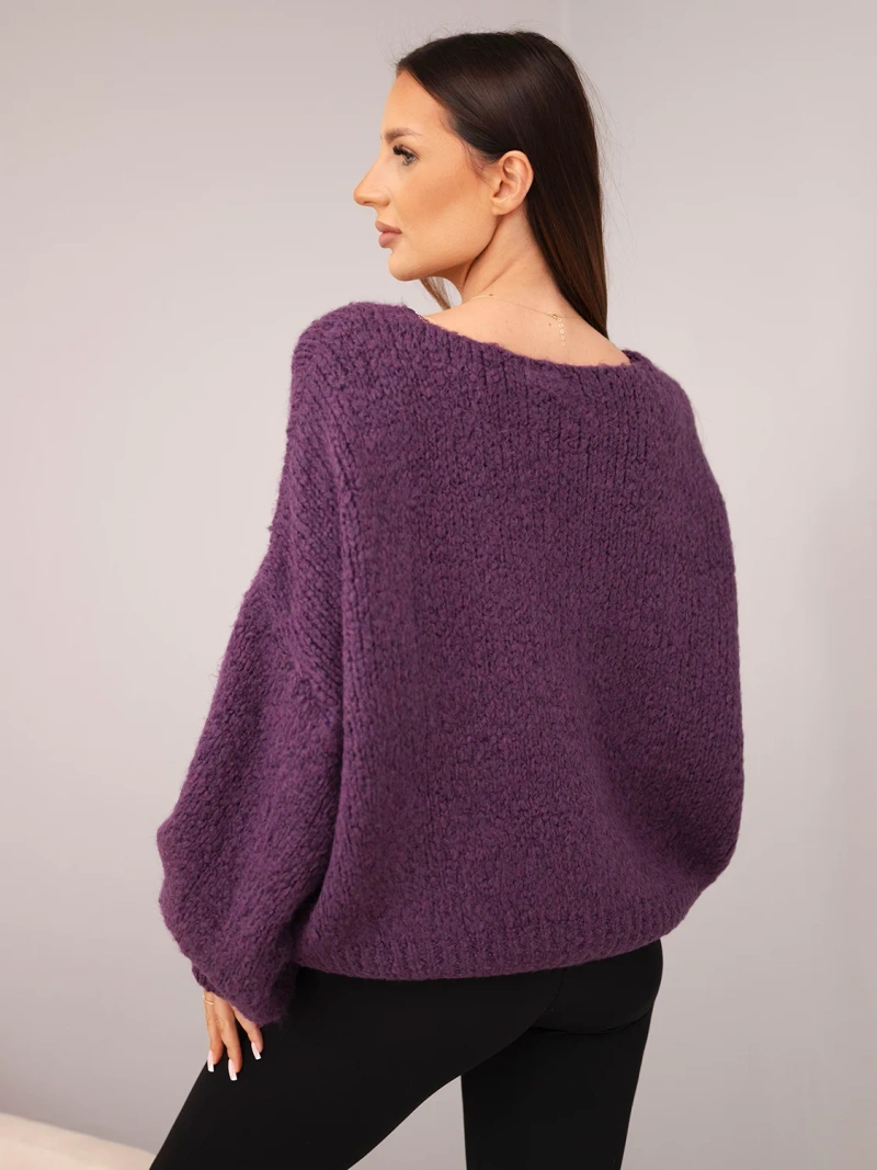 Moteriškas megztinis su vilnos priemaiša laisvas modelis tamsiai violetinė