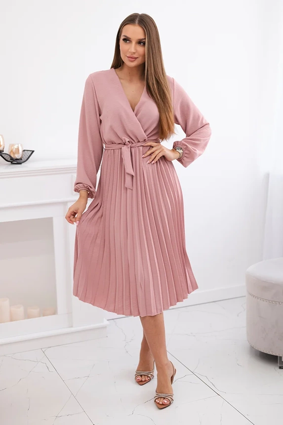 Kleid mit plissiertem Saum gebunden dunkelrosa