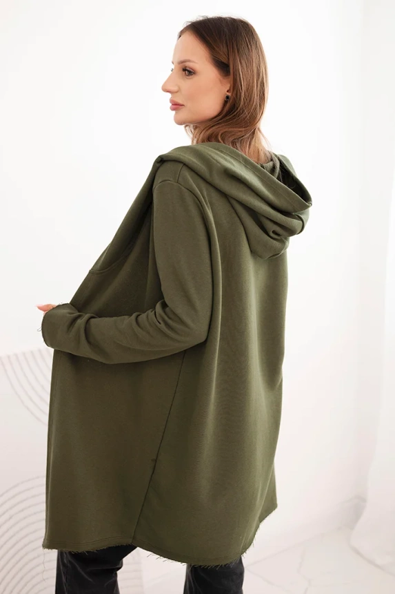 Women's cotton hooded cardigan with an elongated front khaki