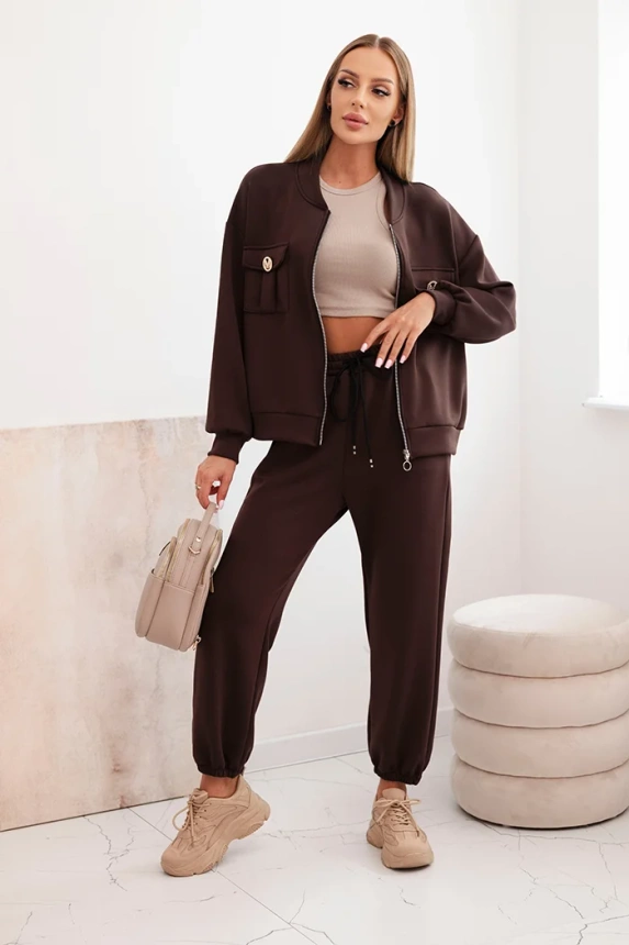 Women's set made of viscose with a button-up blouse and pants brown