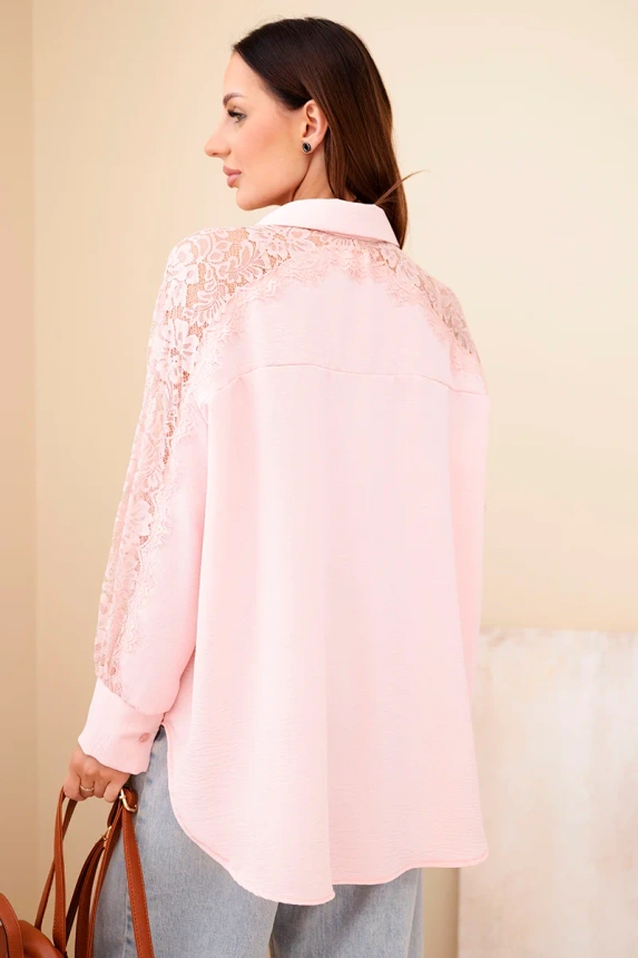 Women's viscose shirt with lace sleeves and collar powder pink