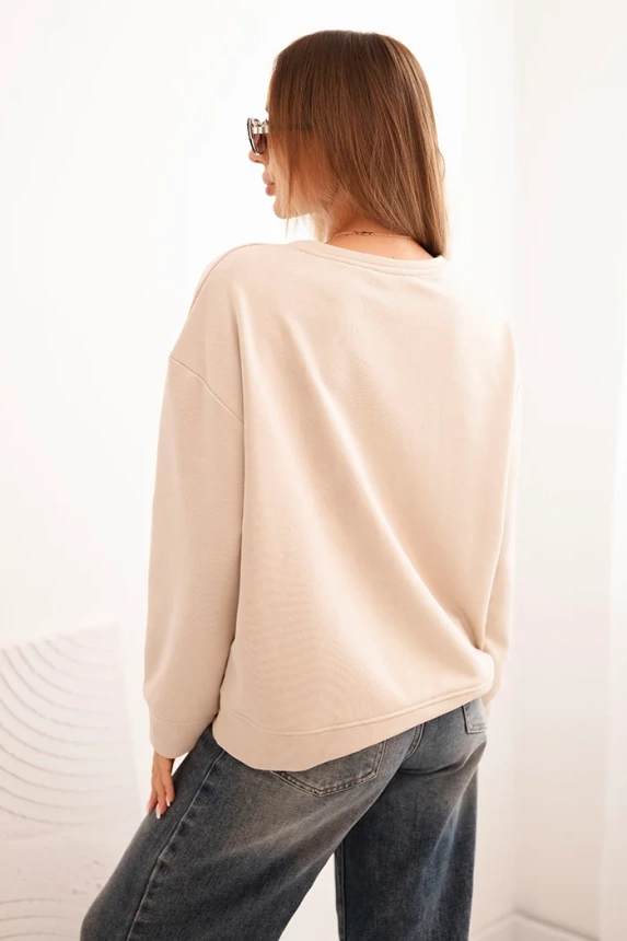 Damenpullover aus Baumwolle mit Katzenaufdruck und Schriftzug beige