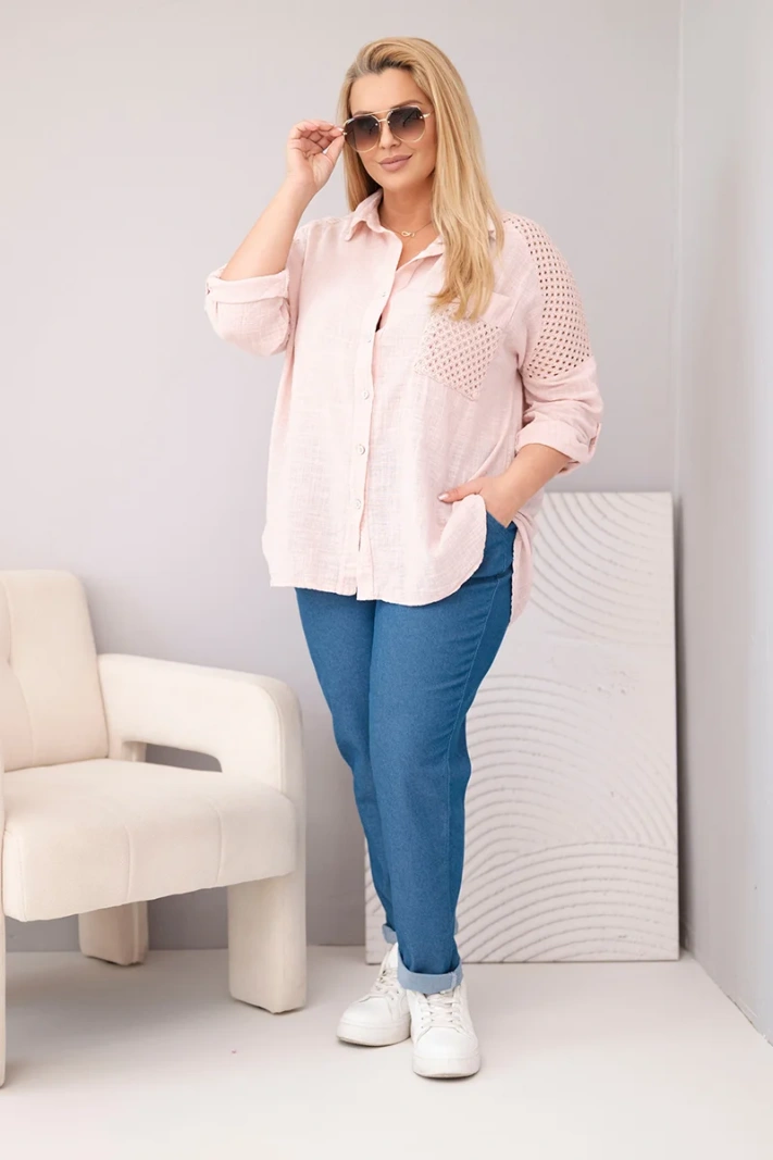 Women's plus-size cotton blouse with collar and lace insert dark dusty pink