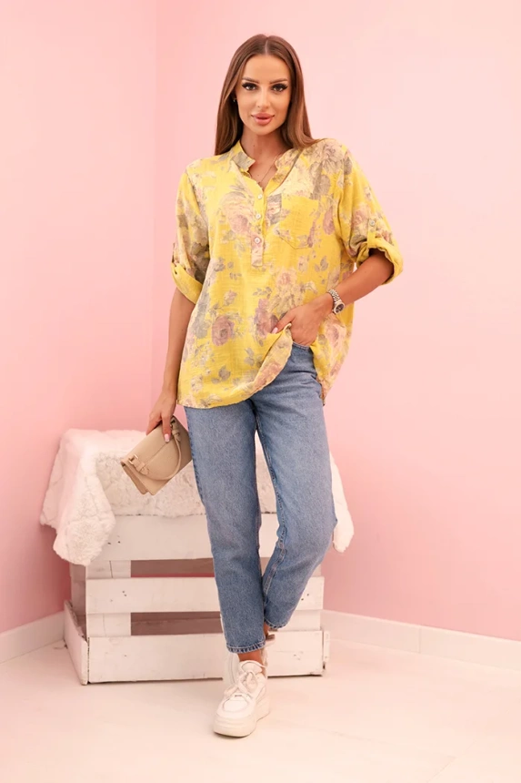 Women's cotton shirt with floral pattern and rolled up sleeves kiwi