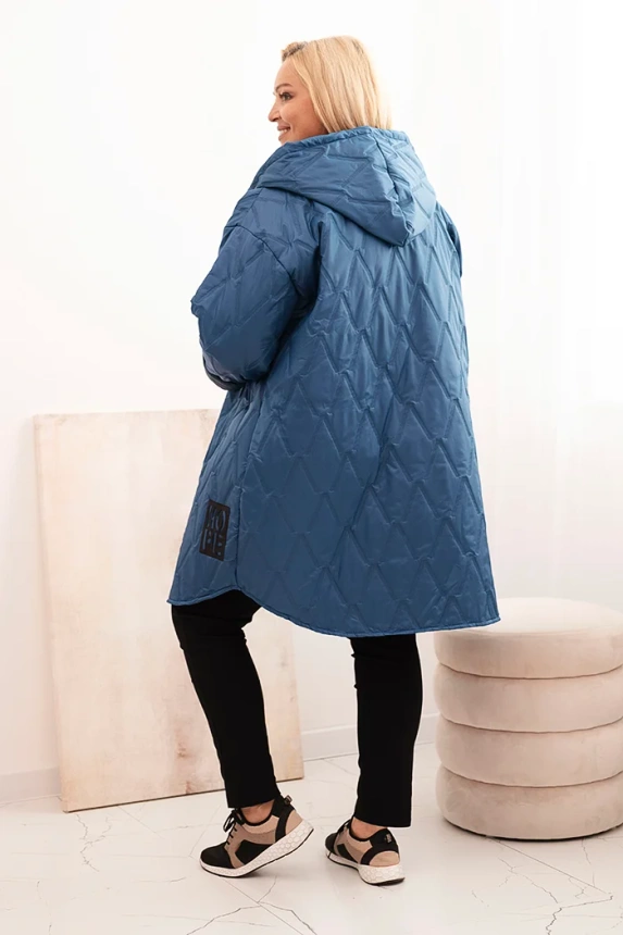 Kurtka damska Plus Size pikowana z kapturem i napisem HOPE jeansowa