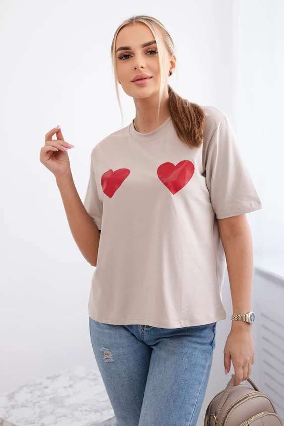 Cotton blouse with heart print beige