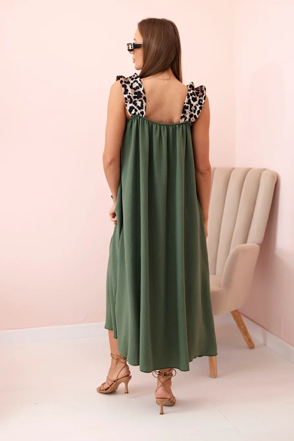 Damenkleid mit Trägern mit Leopardenmuster Khaki