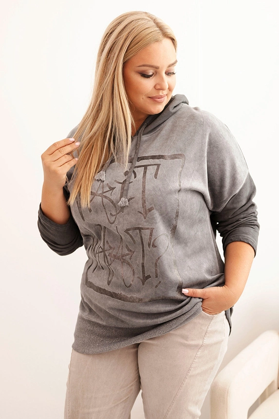 Dámská mikina Plus Size s kapucí a potiskem, grafitová