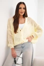Damen Oversize Lochstrick Pullover mit Knöpfen verschlossen gelb