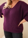 Moteriškas megztinis Plus Size su V formos iškirpte ir plačiu rankogaliu tamsiai violetinė