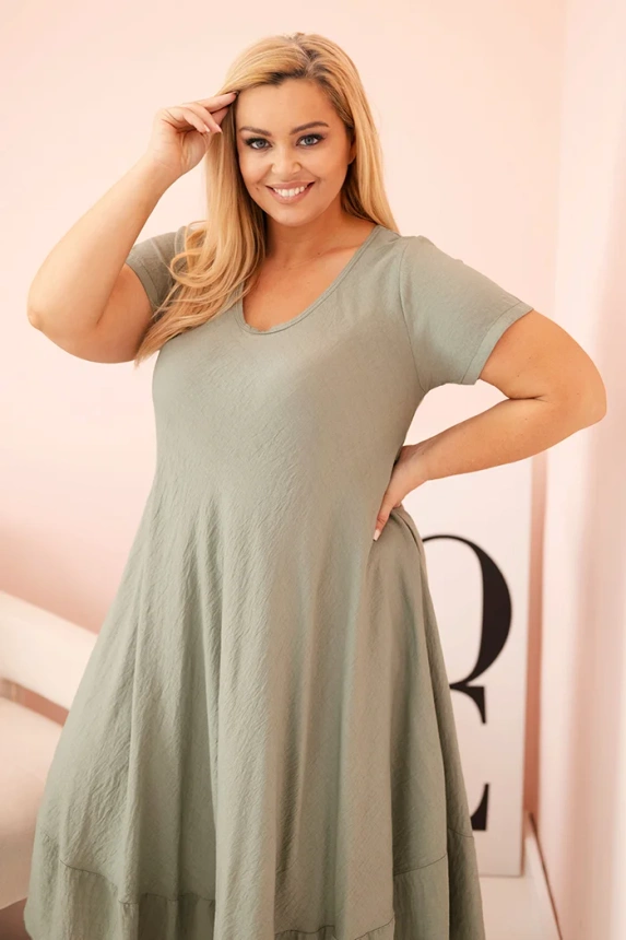 Plus size women's dress with short sleeves and ruffle made of light viscose khaki