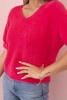 Women's sweater made of soft fluff with a V-neck short sleeves fuchsia