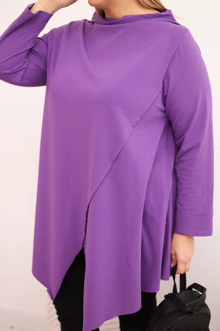 Moteriška medvilninė bluzonė Plus Size asimetriška su sukamu rankovėmis violetinė