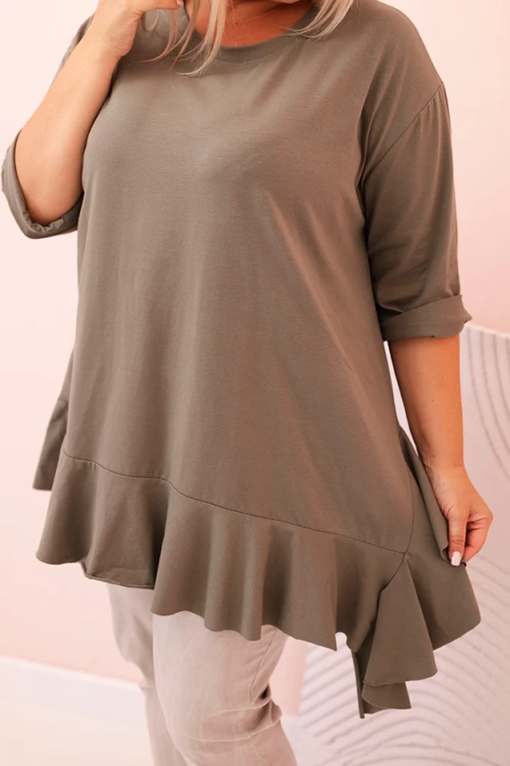 Damenbluse Plus Size aus Baumwolle mit Tasche und hochgerolltem Ärmel kiwi
